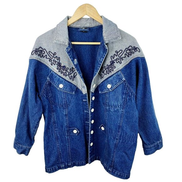 Swallow Jackets & Blazers - Vintage Denim Jean Jacket Womens Size Medium Blue Western Oversize Embroidery